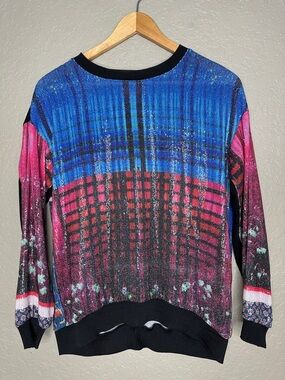 Clover Canyon Vibrant Blue and Pink Sequined Plaid Print pullover